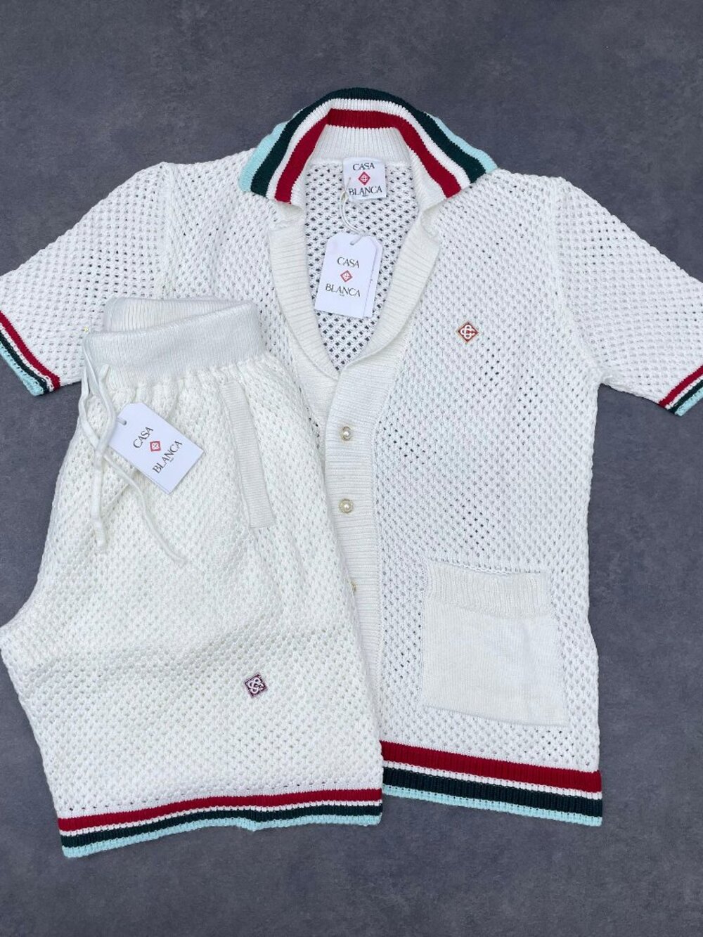 Casablanca Men's White Knit Shirt & Shorts Set- Size XL